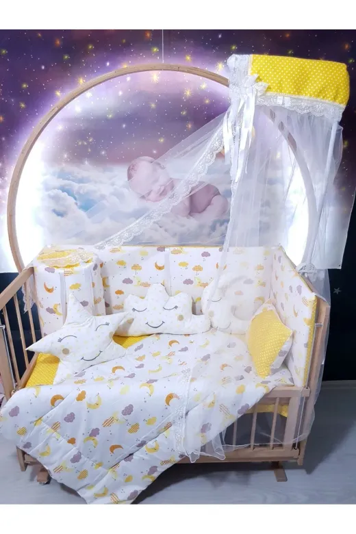 Baby Clime USR-70130-CİB-1. 70X130 Bebek Uyku Seti - Cibinlik Ve Aparat - Sarı Ay Puantiye Desen