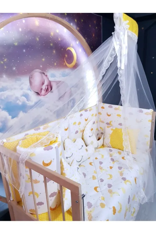 Baby Clime USR-70130-CİB-1. 70X130 Bebek Uyku Seti - Cibinlik Ve Aparat - Sarı Ay Puantiye Desen