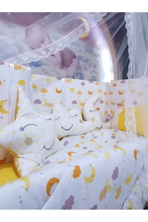 Baby Clime USR-70130-CİB-1. 70X130 Bebek Uyku Seti - Cibinlik Ve Aparat - Sarı Ay Puantiye Desen