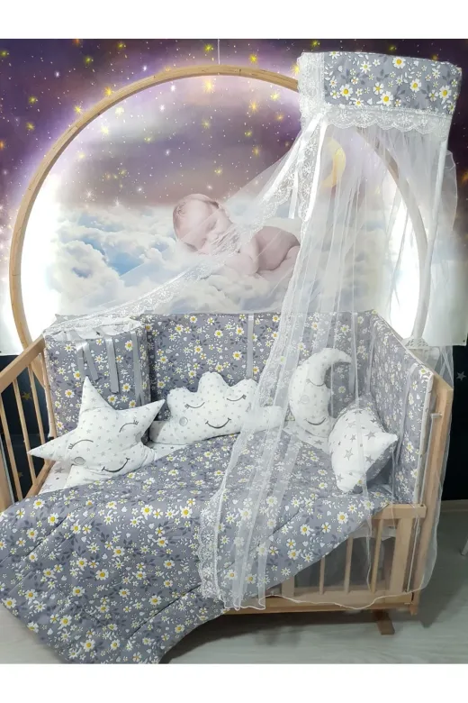 Baby Clime USR-70130-CİB-1. 70X130 Bebek Uyku Seti - Cibinlik Ve Aparat - Gri Çiçek Yıldız Desen
