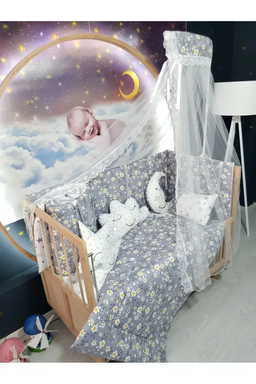 Baby Clime USR-70130-CİB-1. 70X130 Bebek Uyku Seti - Cibinlik Ve Aparat - Gri Çiçek Yıldız Desen