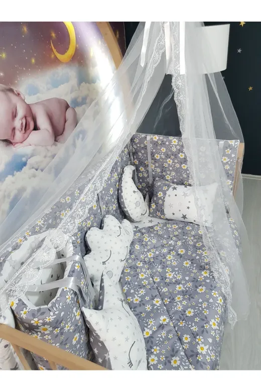 Baby Clime USR-70130-CİB-1. 70X130 Bebek Uyku Seti - Cibinlik Ve Aparat - Gri Çiçek Yıldız Desen