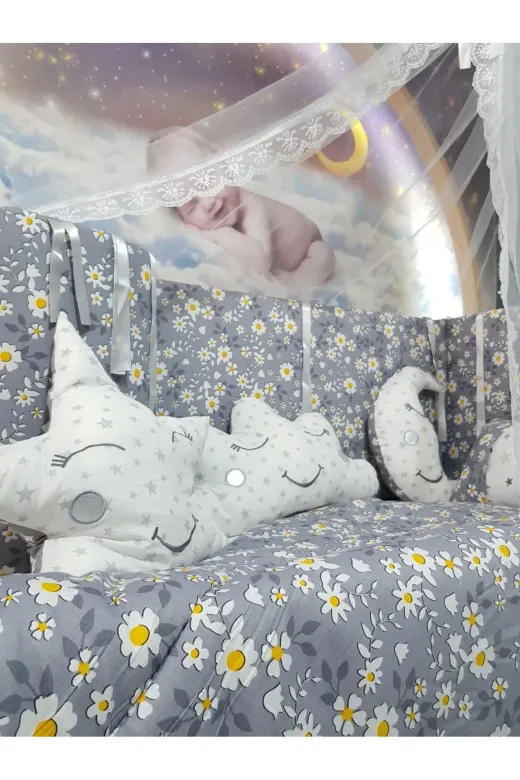 Baby Clime USR-70130-CİB-1. 70X130 Bebek Uyku Seti - Cibinlik Ve Aparat - Gri Çiçek Yıldız Desen