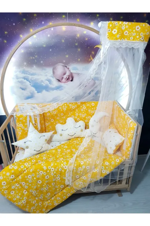 Baby Clime USR-70130-CİB-1. 70X130 Bebek Uyku Seti - Cibinlik Ve Aparat - Sarı Çiçek Yıldız Desen