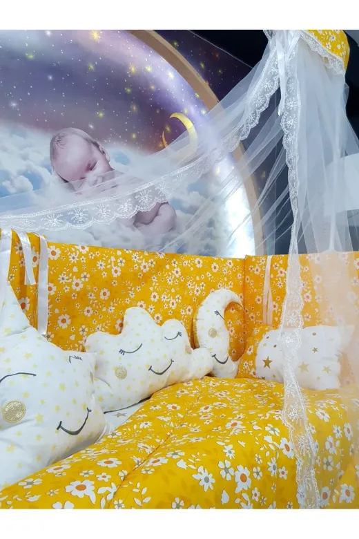 Baby Clime USR-70130-CİB-1. 70X130 Bebek Uyku Seti - Cibinlik Ve Aparat - Sarı Çiçek Yıldız Desen