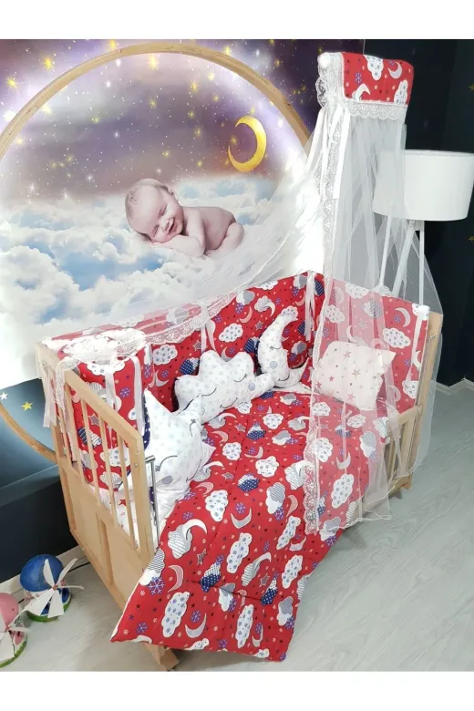 Baby Clime USR-70130-CİB-1. 70X130 Bebek Uyku Seti - Cibinlik Ve Aparat - Kırmızı Bulut Yıldız Desen