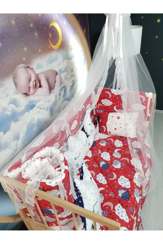 Baby Clime USR-70130-CİB-1. 70X130 Bebek Uyku Seti - Cibinlik Ve Aparat - Kırmızı Bulut Yıldız Desen