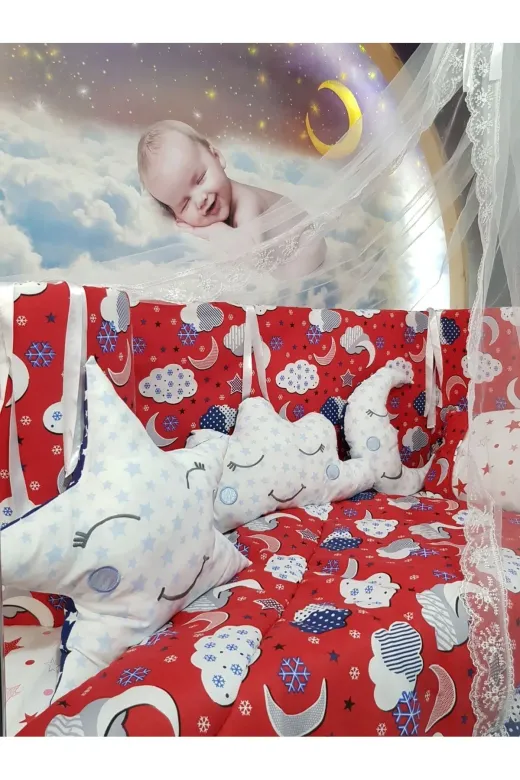 Baby Clime USR-70130-CİB-1. 70X130 Bebek Uyku Seti - Cibinlik Ve Aparat - Kırmızı Bulut Yıldız Desen