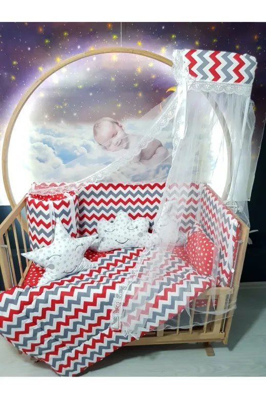 Baby Clime USR-70130-CİB-1. 70X130 Bebek Uyku Seti - Cibinlik Ve Aparat - Kırmızı Zigzag Yıldız Desen