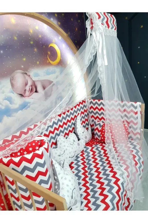 Baby Clime USR-70130-CİB-1. 70X130 Bebek Uyku Seti - Cibinlik Ve Aparat - Kırmızı Zigzag Yıldız Desen