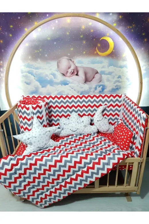 Baby Clime USR-70130-CİB-1. 70X130 Bebek Uyku Seti - Cibinlik Ve Aparat - Kırmızı Zigzag Yıldız Desen
