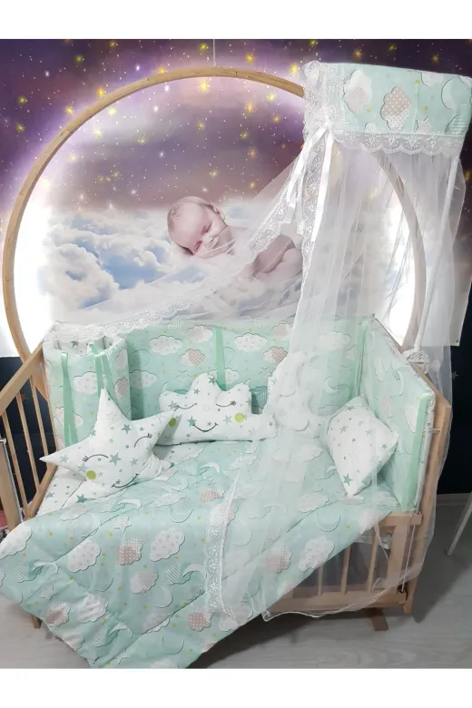 Baby Clime USR-70130-CİB-1. 70X130 Bebek Uyku Seti - Cibinlik Ve Aparat - Yeşil Bulut Yıldız Desen