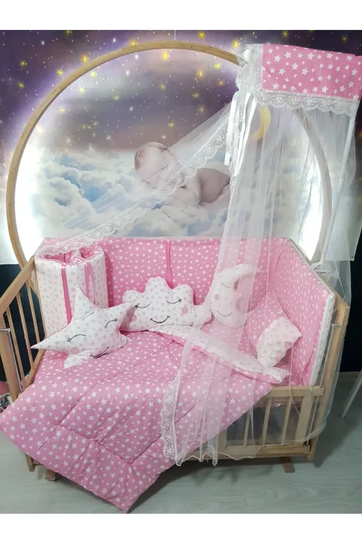 Baby Clime USR-70130-CİB-1. 70X130 Bebek Uyku Seti - Cibinlik Ve Aparatı - Pembe Yıldız Desen