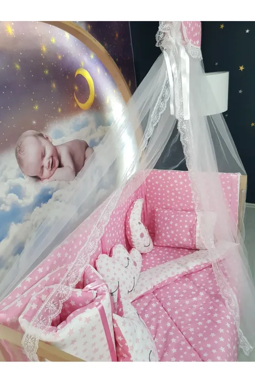 Baby Clime USR-70130-CİB-1. 70X130 Bebek Uyku Seti - Cibinlik Ve Aparatı - Pembe Yıldız Desen