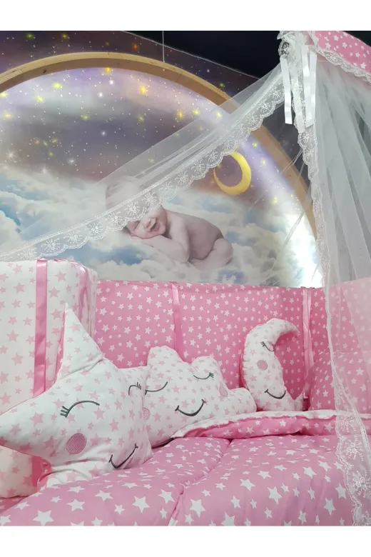 Baby Clime USR-70130-CİB-1. 70X130 Bebek Uyku Seti - Cibinlik Ve Aparatı - Pembe Yıldız Desen