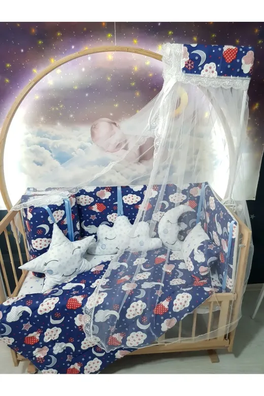 Baby Clime USR-70130-CİB-1. 70X130 Bebek Uyku Seti - Cibinlik Ve Aparat - Lacivert Bulut Yıldız Desen