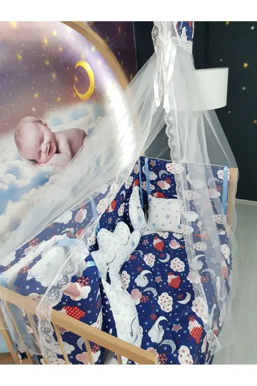 Baby Clime USR-70130-CİB-1. 70X130 Bebek Uyku Seti - Cibinlik Ve Aparat - Lacivert Bulut Yıldız Desen