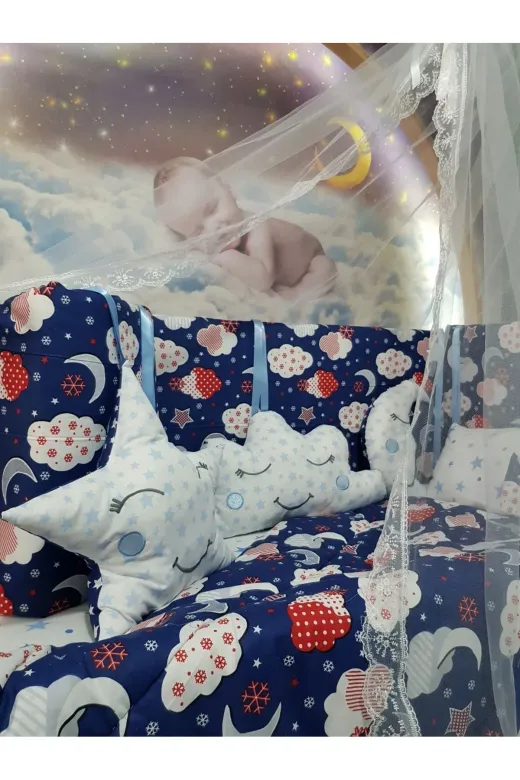 Baby Clime USR-70130-CİB-1. 70X130 Bebek Uyku Seti - Cibinlik Ve Aparat - Lacivert Bulut Yıldız Desen