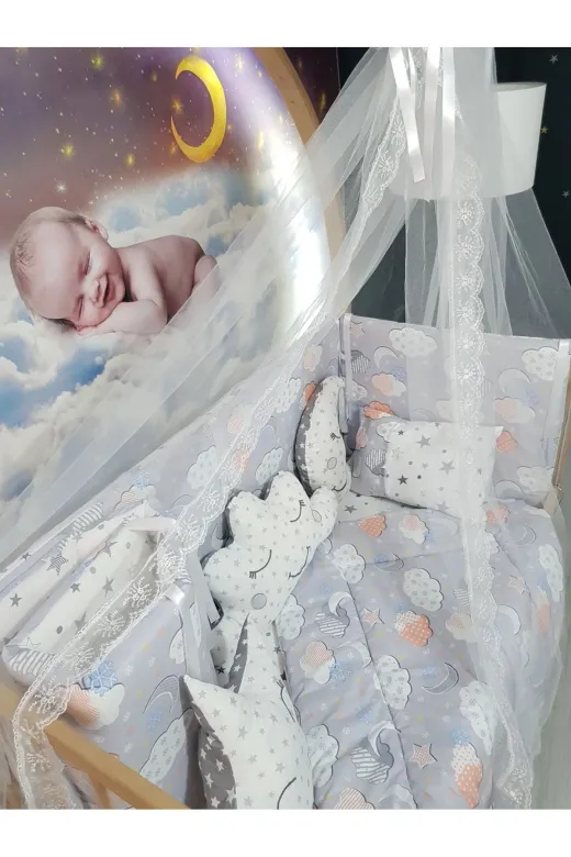 Baby Clime USR-70130-CİB-1. 70X130 Bebek Uyku Seti - Cibinlik Ve Aparat - Gri Bulut Yıldız Desen