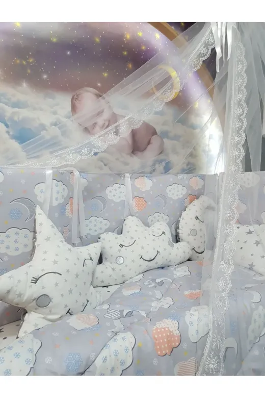 Baby Clime USR-70130-CİB-1. 70X130 Bebek Uyku Seti - Cibinlik Ve Aparat - Gri Bulut Yıldız Desen
