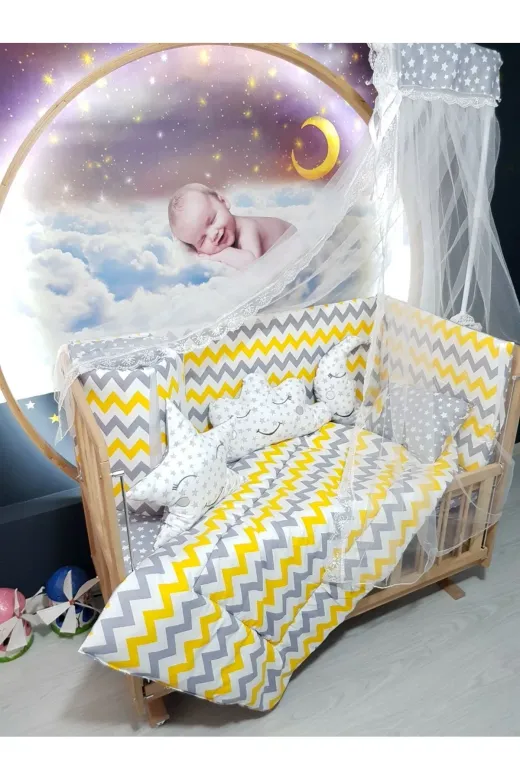 Baby Clime USR-70130-CİB-1. 70X130 Bebek Uyku Seti - Cibinlik Ve Aparat - Gri Sarı Zigzag Yıldız Desen