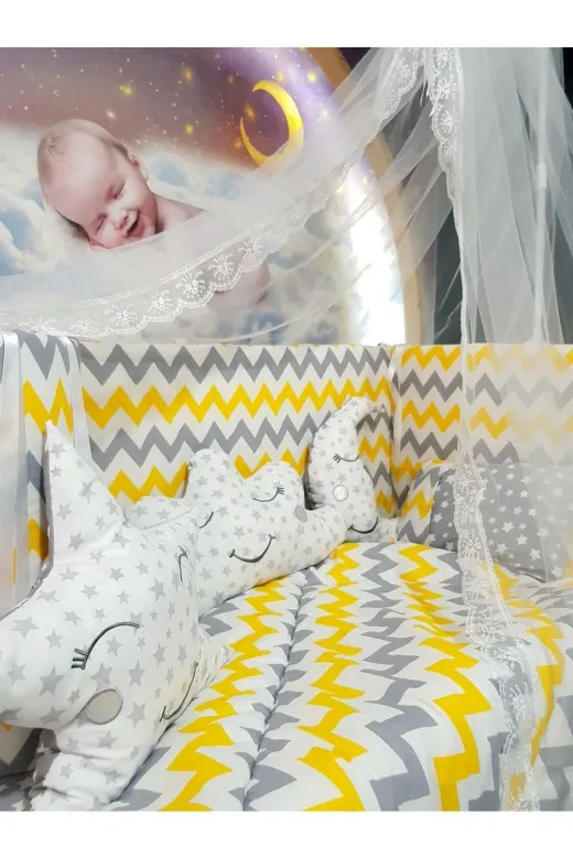 Baby Clime USR-70130-CİB-1. 70X130 Bebek Uyku Seti - Cibinlik Ve Aparat - Gri Sarı Zigzag Yıldız Desen