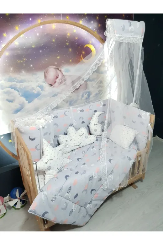 Baby Clime USR-70130-CİB-1. 70X130 Bebek Uyku Seti - Cibinlik Ve Aparat - Gri Zemin Ay Yıldız Desen