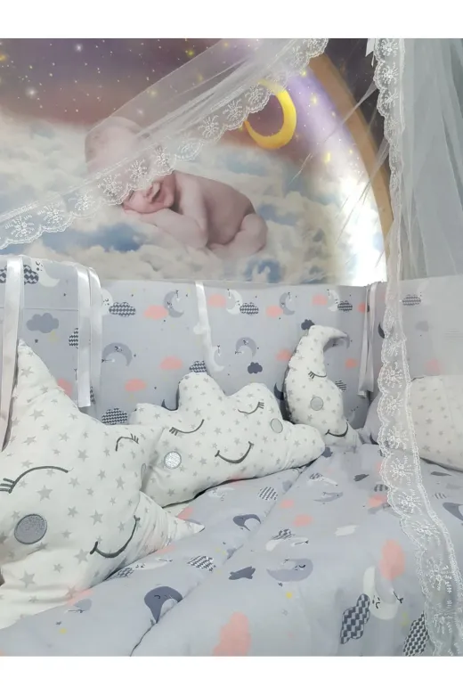 Baby Clime USR-70130-CİB-1. 70X130 Bebek Uyku Seti - Cibinlik Ve Aparat - Gri Zemin Ay Yıldız Desen