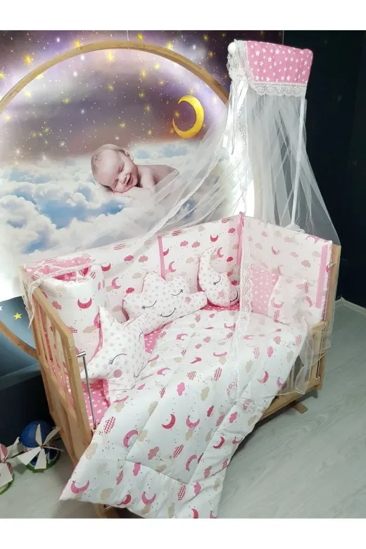 Baby Clime USR-70130-CİB-1. 70X130 Bebek Uyku Seti - Cibinlik Ve Aparat - Pembe Ay Yıldız Desen