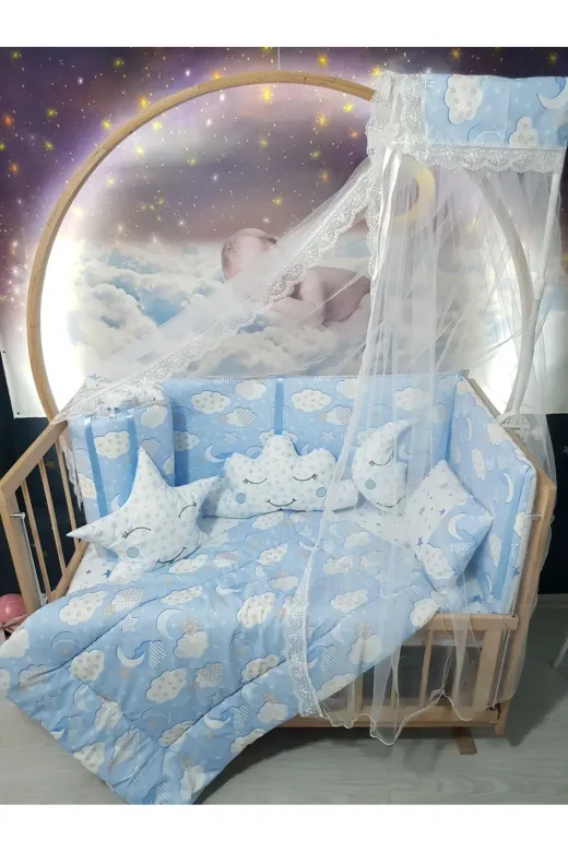 Baby Clime USR-70130-CİB-1. 70X130 Bebek Uyku Seti - Cibinlik Ve Aparat - Mavi Bulut Yıldız Desen