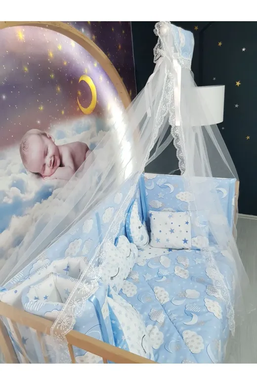 Baby Clime USR-70130-CİB-1. 70X130 Bebek Uyku Seti - Cibinlik Ve Aparat - Mavi Bulut Yıldız Desen