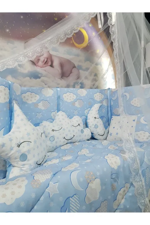 Baby Clime USR-70130-CİB-1. 70X130 Bebek Uyku Seti - Cibinlik Ve Aparat - Mavi Bulut Yıldız Desen