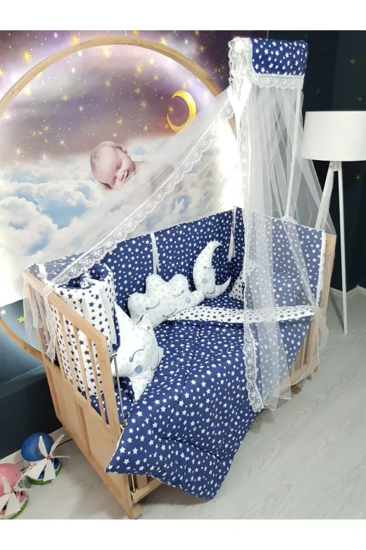 Baby Clime USR-70130-CİB-1. 70X130 Bebek Uyku Seti - Cibinlik Ve Aparat - Lacivert Yıldız Desen