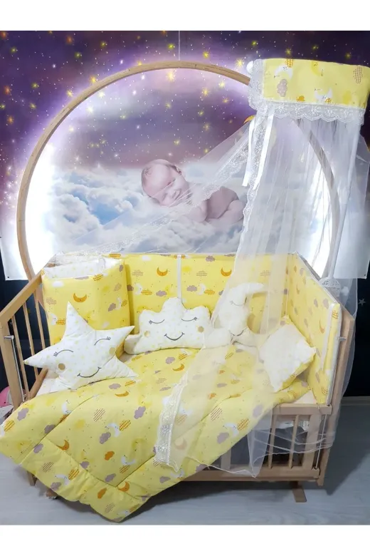 Baby Clime USR-70130-CİB-1. 70X130 Bebek Uyku Seti - Cibinlik Ve Aparat - Sarı Zemin Ay Yıldız Desen