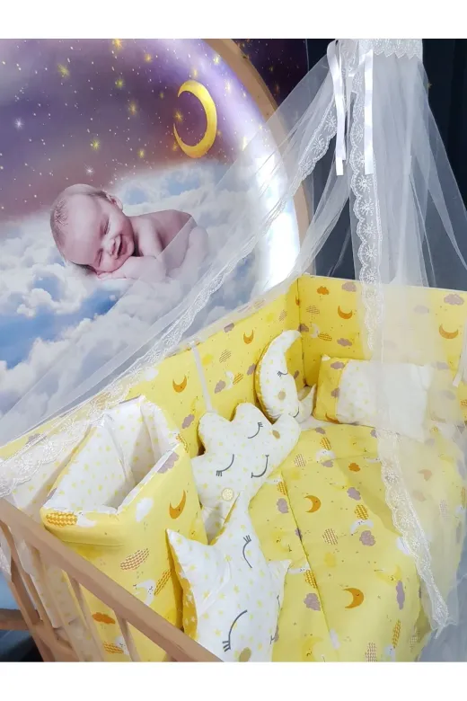 Baby Clime USR-70130-CİB-1. 70X130 Bebek Uyku Seti - Cibinlik Ve Aparat - Sarı Zemin Ay Yıldız Desen