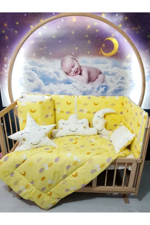 Baby Clime USR-70130-CİB-1. 70X130 Bebek Uyku Seti - Cibinlik Ve Aparat - Sarı Zemin Ay Yıldız Desen