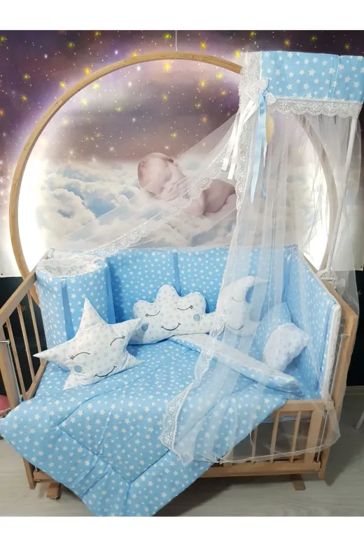 Baby Clime USR-70130-CİB-1. 70X130 Bebek Uyku Seti - Cibinlik Ve Aparat - Mavi Yıldız Desen