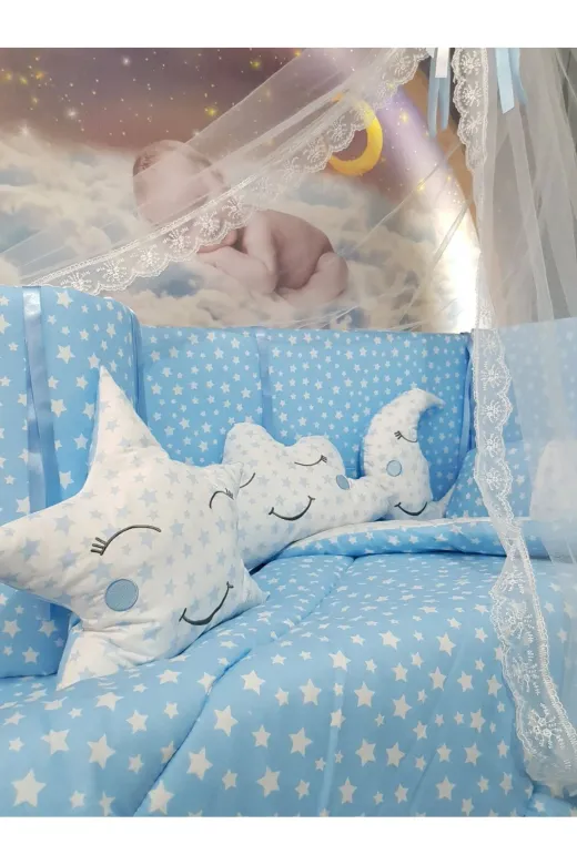 Baby Clime USR-70130-CİB-1. 70X130 Bebek Uyku Seti - Cibinlik Ve Aparat - Mavi Yıldız Desen