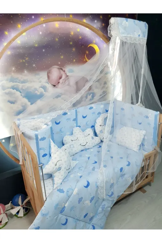 Baby Clime USR-70130-CİB-1. 70X130 Bebek Uyku Seti - Cibinlik Ve Aparat - Mavi Zemin Ay Yıldız Desen