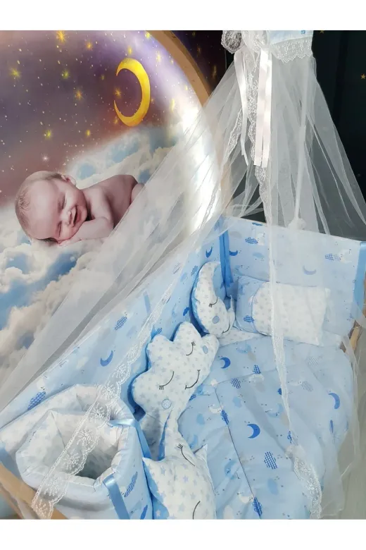 Baby Clime USR-70130-CİB-1. 70X130 Bebek Uyku Seti - Cibinlik Ve Aparat - Mavi Zemin Ay Yıldız Desen