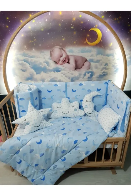 Baby Clime USR-70130-CİB-1. 70X130 Bebek Uyku Seti - Cibinlik Ve Aparat - Mavi Zemin Ay Yıldız Desen