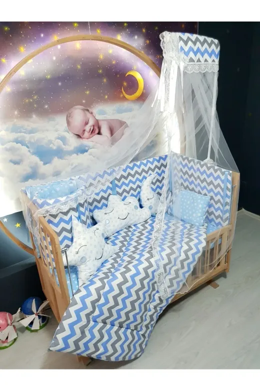Baby Clime USR-70130-CİB-1. 70X130 Bebek Uyku Seti - Cibinlik Ve Aparat - Mavi Zigzag Yıldız Desen