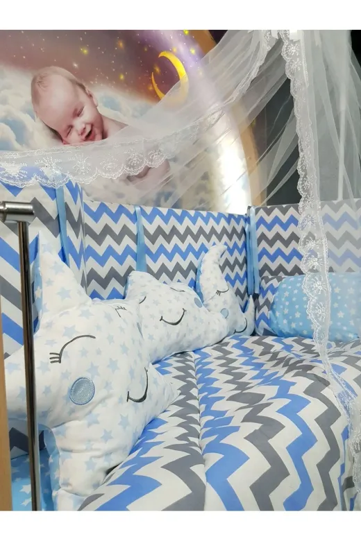 Baby Clime USR-70130-CİB-1. 70X130 Bebek Uyku Seti - Cibinlik Ve Aparat - Mavi Zigzag Yıldız Desen