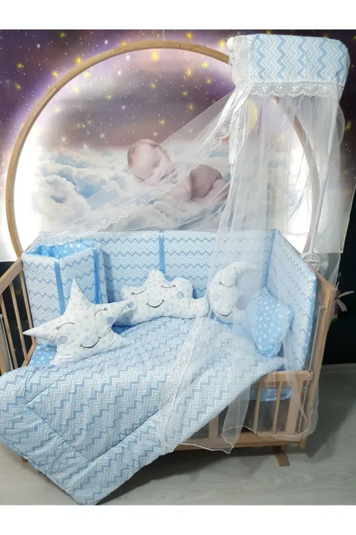 Baby Clime USR-70130-CİB-1. 70X130 Bebek Uyku Seti - Cibinlik Ve Aparat - Mavi Ince Zigzag Desen