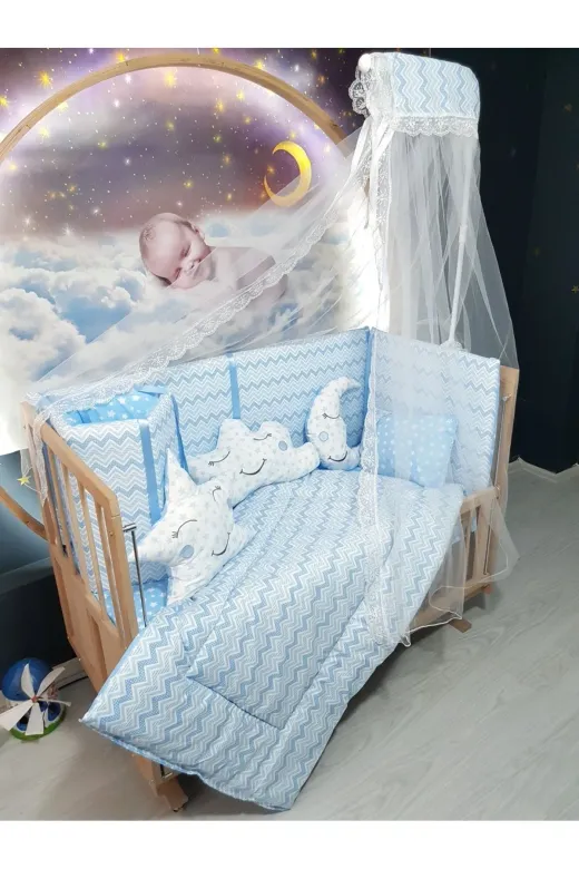 Baby Clime USR-70130-CİB-1. 70X130 Bebek Uyku Seti - Cibinlik Ve Aparat - Mavi Ince Zigzag Desen