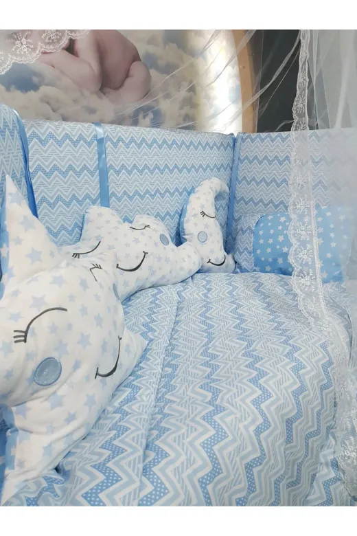 Baby Clime USR-70130-CİB-1. 70X130 Bebek Uyku Seti - Cibinlik Ve Aparat - Mavi Ince Zigzag Desen