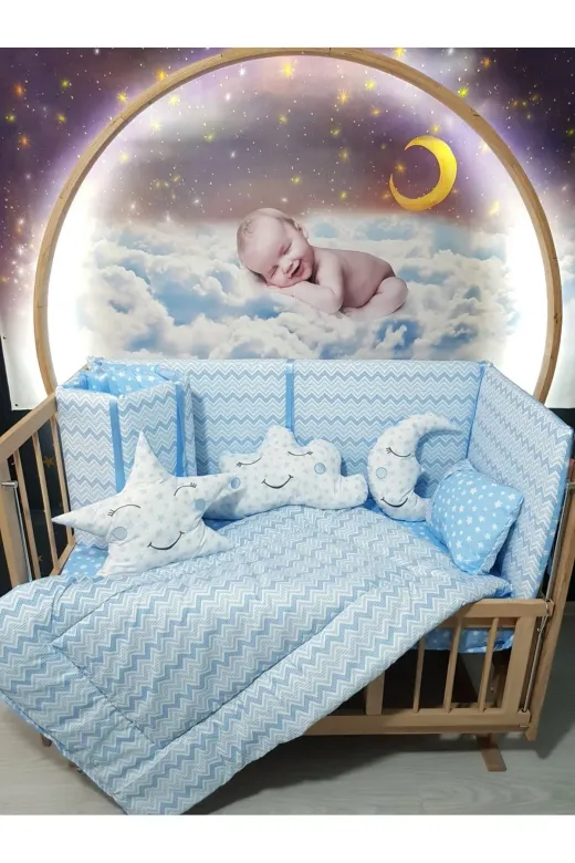 Baby Clime USR-70130-CİB-1. 70X130 Bebek Uyku Seti - Cibinlik Ve Aparat - Mavi Ince Zigzag Desen