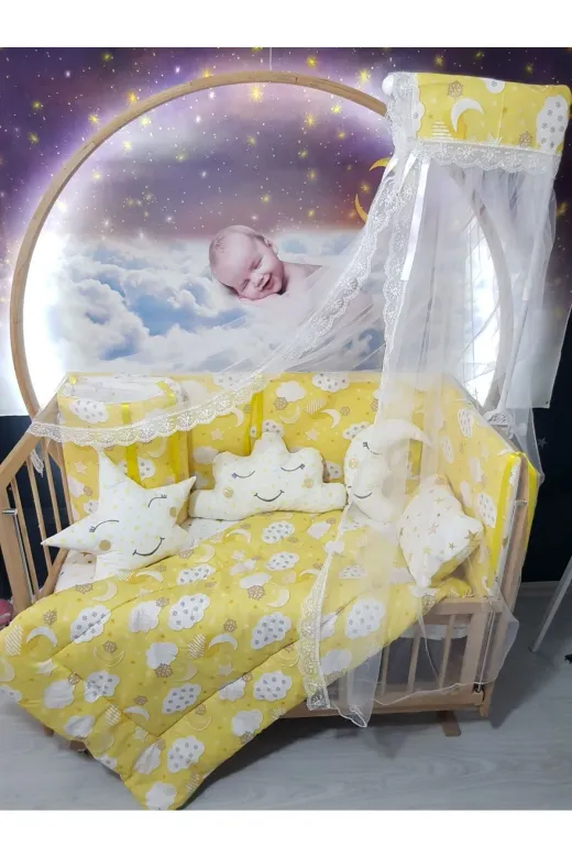 Baby Clime USR-70130-CİB-1. 70X130 Bebek Uyku Seti - Cibinlik Ve Aparat - Sarı Bulut Yıldız Desen