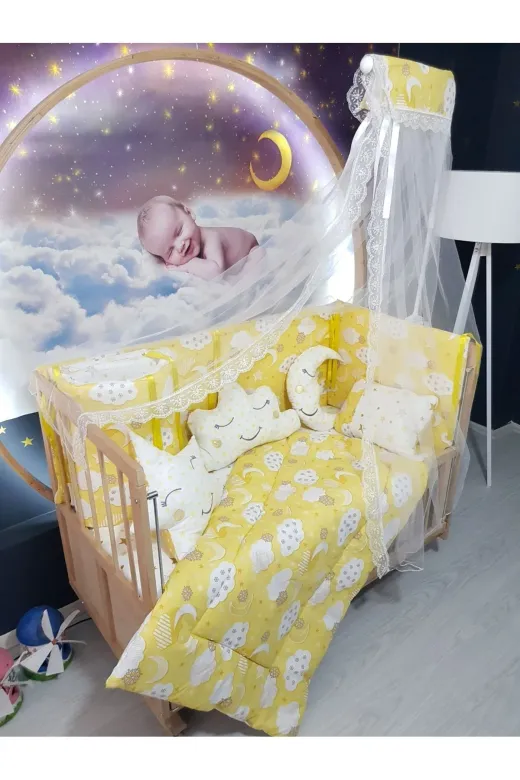 Baby Clime USR-70130-CİB-1. 70X130 Bebek Uyku Seti - Cibinlik Ve Aparat - Sarı Bulut Yıldız Desen