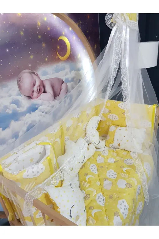Baby Clime USR-70130-CİB-1. 70X130 Bebek Uyku Seti - Cibinlik Ve Aparat - Sarı Bulut Yıldız Desen
